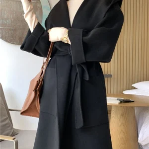Vintage Elegant Double-Sided Cashmere Coat Women Autumn Winter 2023 New High Quality Hooded Thickened Large Size Loose Wool Coat