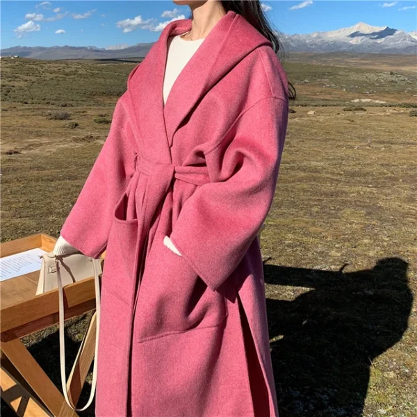 Vintage Elegant Double-Sided Cashmere Coat Women Autumn Winter 2023 New High Quality Hooded Thickened Large Size Loose Wool Coat - 图片 4
