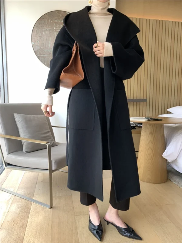 Vintage Elegant Double-Sided Cashmere Coat Women Autumn Winter 2023 New High Quality Hooded Thickened Large Size Loose Wool Coat - 图片 8
