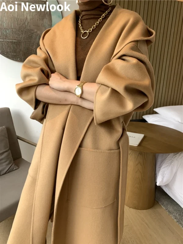 Vintage Elegant Double-Sided Cashmere Coat Women Autumn Winter 2023 New High Quality Hooded Thickened Large Size Loose Wool Coat - 图片 5